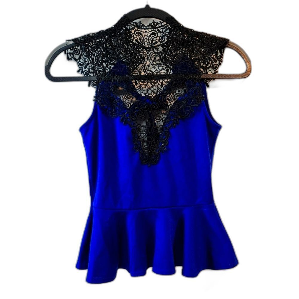 Se Sang Royal Blue Peplum Top -Black Lace High Neck Blouse -Sleeveless Top SZ S